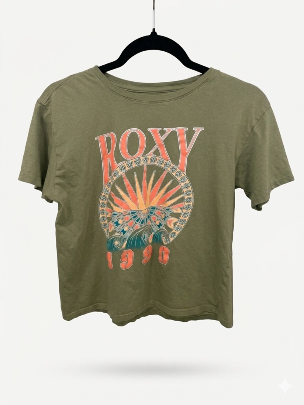Roxy Olive Green Graphic Tee with Orange and Yellow Print